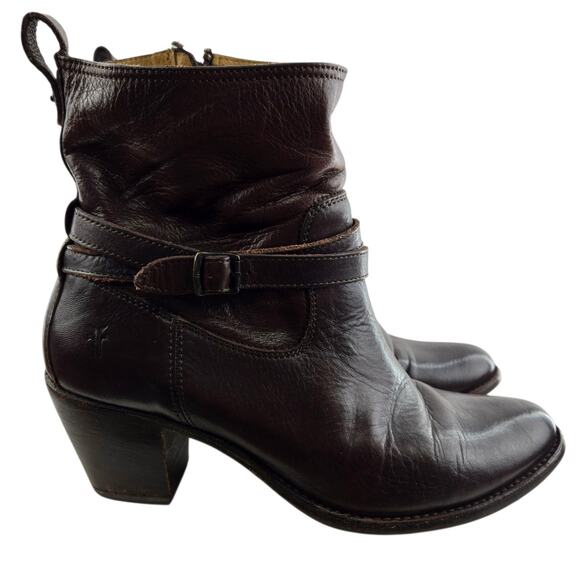 Frye Ankle Boots Womens 9 B Jackie Rivet Short Brown Leather Heeled Buckle Luxe - Picture 1 of 12